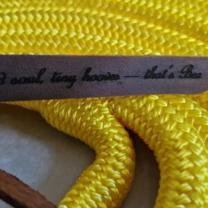 Customised popper with quote on a brown leather popper and bright yellow lead rope